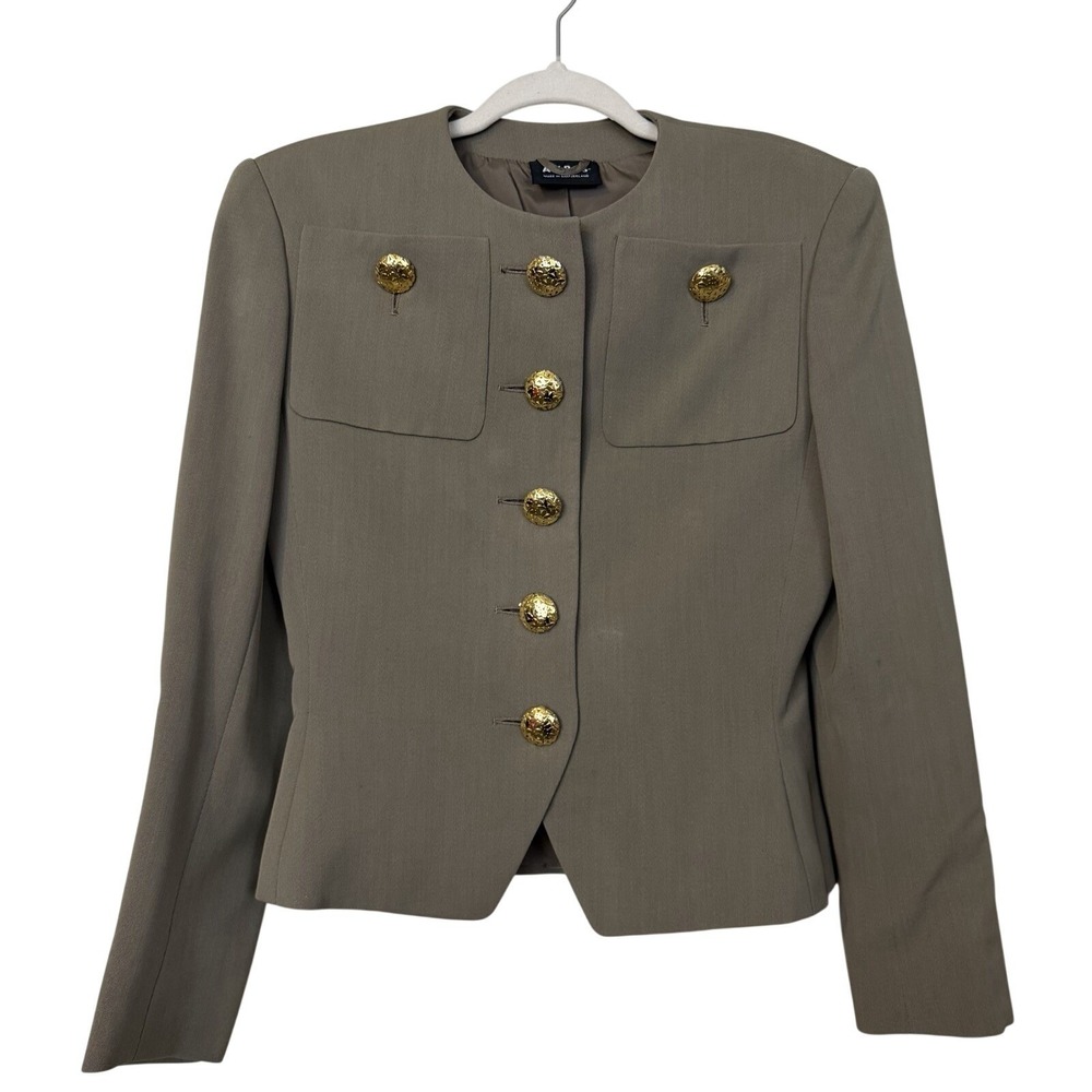 VTG Akris Taupe Tan Blazer Jacket Sz 4 Wool Silk Cashmere Gold Floral Button